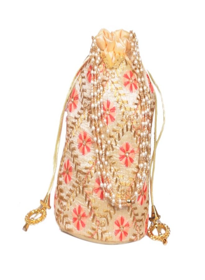 SuneshCreation Traditional Potli Bag, Embroidered with Beads and Sequins, Golden With Multicolour Motifs, Gold Drawstring, Wedding Party Festive Clutch (beidge) - Image 2